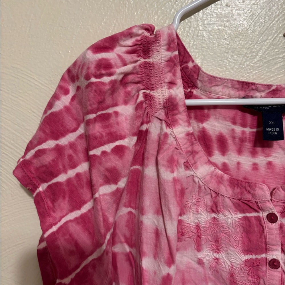 Bandolino Jeans Pink Tie Dye Cotton Peasant Top XXL Boho Short Sleeve - Picture 7 of 9